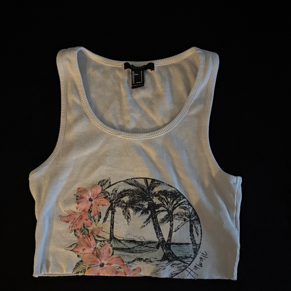 Forever 21 Size XS Women's White Crop Hawaii Tank Top with Tropical Print